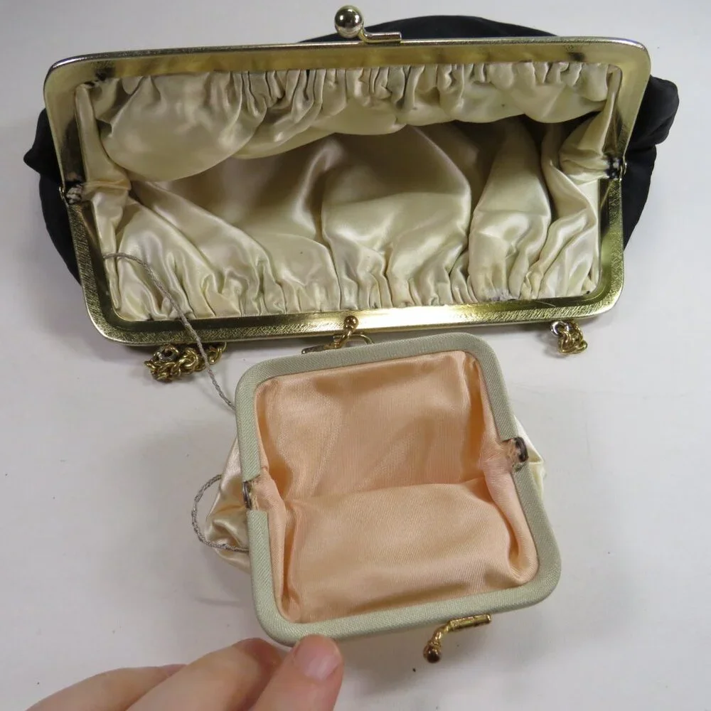Vintage Julius Resnick Black Satin Evening Clutch | Mid Century MCM Purse Set